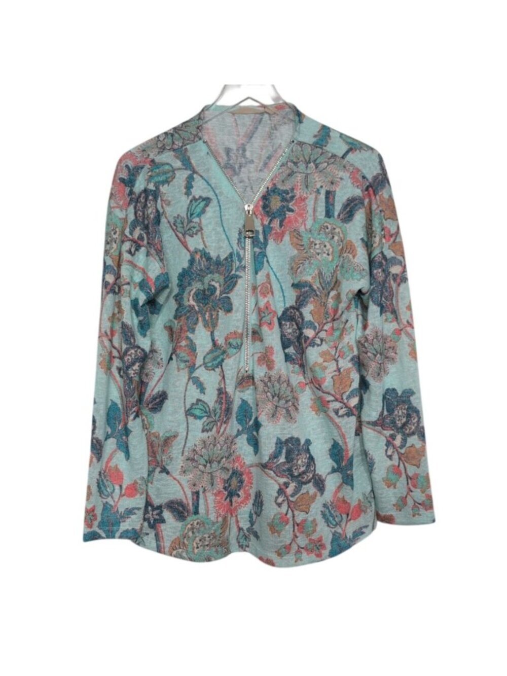 Soft Surroundings Floral Valentina Zip Sweater Womens Size XL Blue Boho Coastal